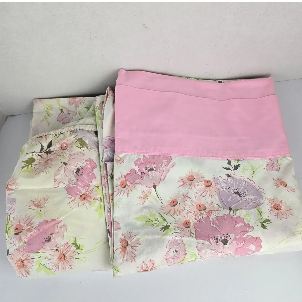 Vtg Wondercale Springmaid Flat/Fitted Sheet Set King Pink Floral Made in USA
